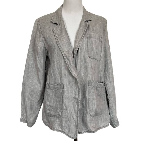 Sibel Saral Women’s Linen Jacket Blazer Gray Pinstripe Slit Back Pockets Sz M - Picture 2 of 9